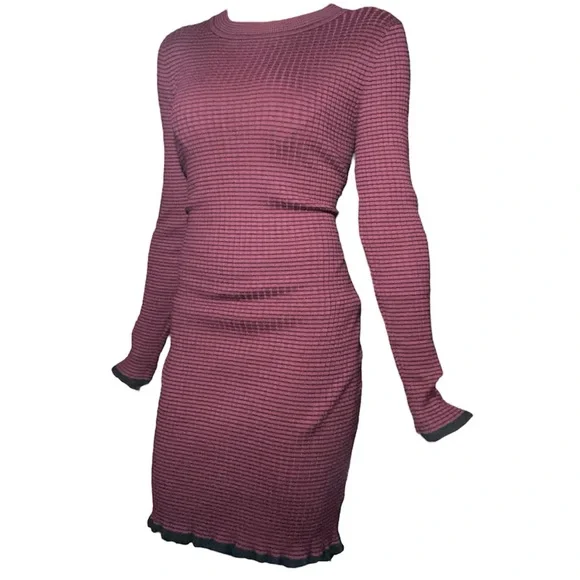 ‼️NOW SOLD ‼️ Burgundy & Black Stripped Ribbed Knit Long Sleeve Sweater Dress - Picture 4 of 6